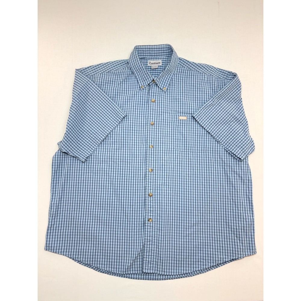 Carhartt Mens 2XL Blue Plaid Short Sleeve Button Down Shirt S114BLU Cotton
